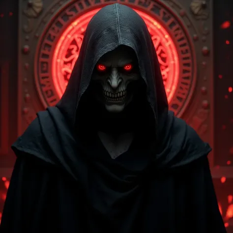 a photography, ultradetailed, max quality, frontal portrait of an evil character. The artwork showcases a dark and gothic portrait of a sinister figure cloaked in flowing black robes, with a pale and menacing face accentuated by glowing red eyes. Intricate...