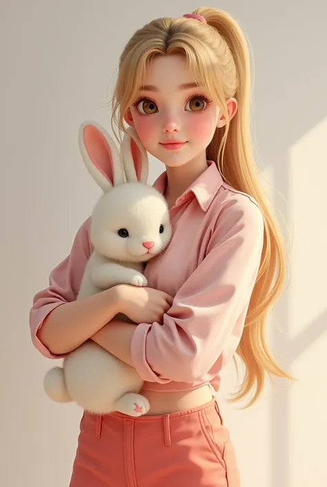  s blonde and straight ponytail hair brown eyes pink blouse with coral shorts with plush bunny