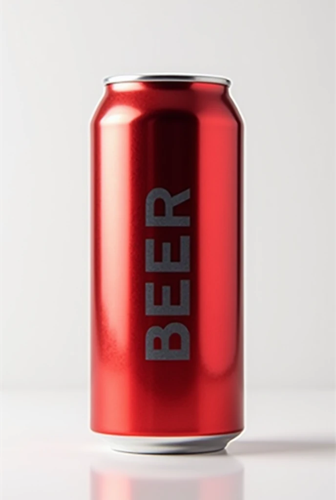 A 473 ml ,  metallic red can with a white background , with the inscription "beer" in gray color along the can . Let the top of the can be partially seen