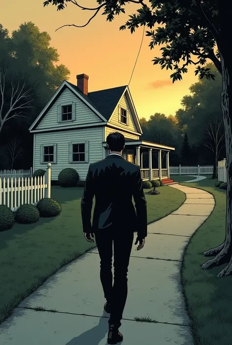 Here’s a comic-style prompt for your description:

"A man in a sleek black jacket walks toward an ordinary house in the distance. The setting is early evening, with a faint orange glow in the sky. The house appears simple, surrounded by a well-kept lawn an...