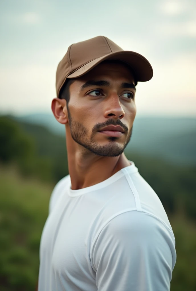 handsome malay man look out and wear a brown cap..  white tshirt. Create a high definition image 