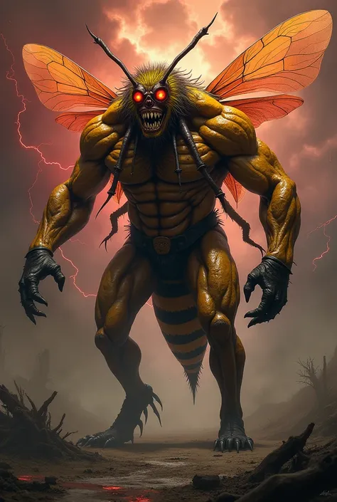 Design a hybrid creature that seamlessly combines the features of a honeybee (madhumakkhi) and a bodybuilder into a single monstrous entity. The creature has a muscular human physique with bulging arms and legs, covered in a chitinous, striped bee-like exo...