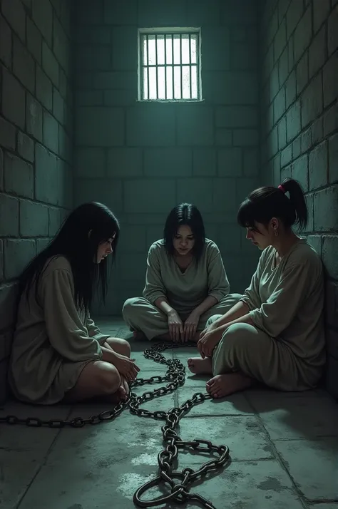 Women sitting on the floor chained to the wall in a prison cell with chains attached to their hands and feet.