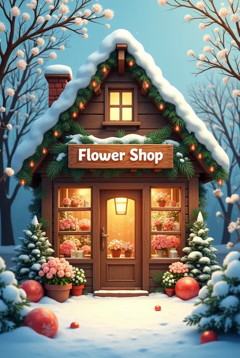 Generate an image for flower shop for new year as a card that attracts more customerswith theme of new year like juniper and winter flowers  and with snowand something unique and shop is called "Flower Shop"