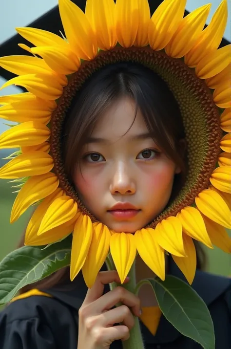 Image of a smiling girl dressed as a bachelor holding a large sunflower covering one side of her face