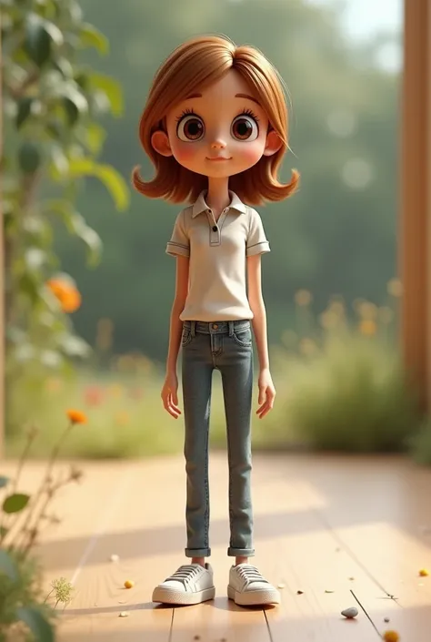  Make me a tall and slender Pixar doll with long legs ,  short brown shoulder hair and round black lenses, That I have jeans and sports shoes and a polo shirt 