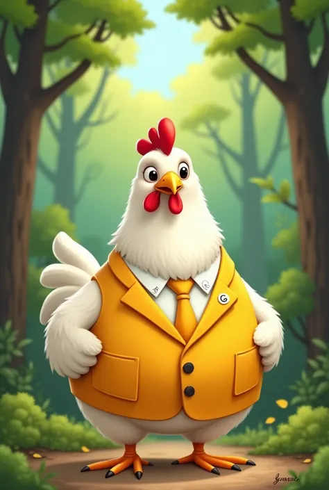 A 2D cartoon image of a cute white chicken in a yellow suit is written as BG5 on the wings, background in the forest.