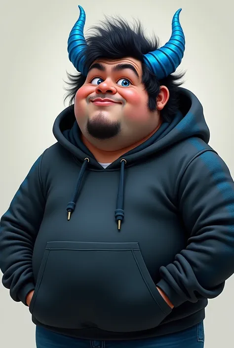 Chubby art of a man wearing a black hoodie with blue gradations and has bite-colored eyes and has blue dyed horns and has black hair 