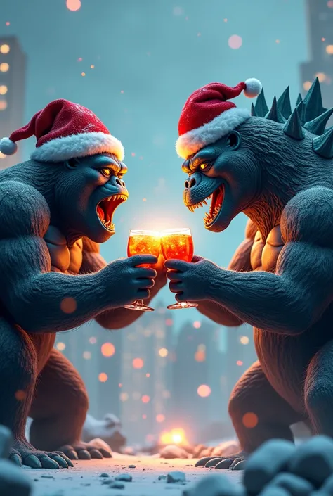 King Kong with Godzilla celebrating Christmas with Christmas hat toasting