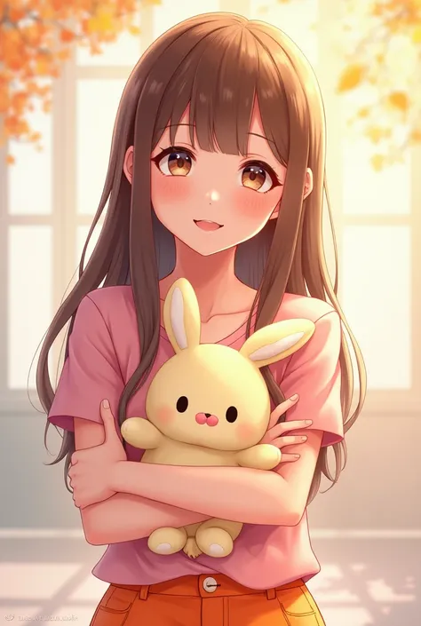  s of light brown hair brown eyes with pink blouse and orange shorts with bunny plush