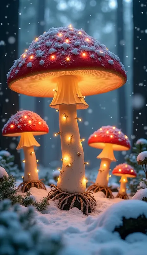 Create a magical winter forest scene with large, glowing mushrooms, decorated with twinkling Christmas lights. The mushrooms should have red caps with white spots, lightly dusted with snow, and surrounded by a snowy forest floor. Soft snowfall is falling i...