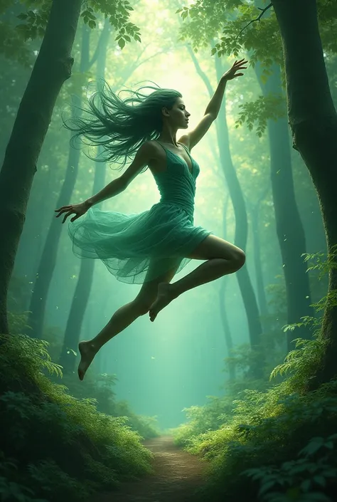 Image of a  jumping in the forest and her body being multiplied 


