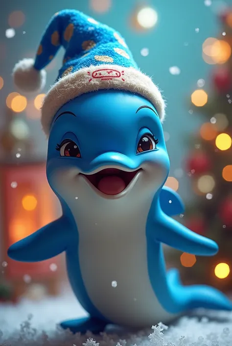 A dolphin wearing a blue Christmas hat with a slogan that says DELFINES MUSICAL BAND