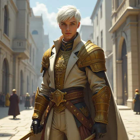  War Man from the Lineage 2 .
 The war man is a very handsome young man without a beard and has beautiful brown ones eyes.
 The war boy has short snow-white hair with a little mohawk on his head.
A war boy holds gold-colored daggers in each hand . 
 A war ...