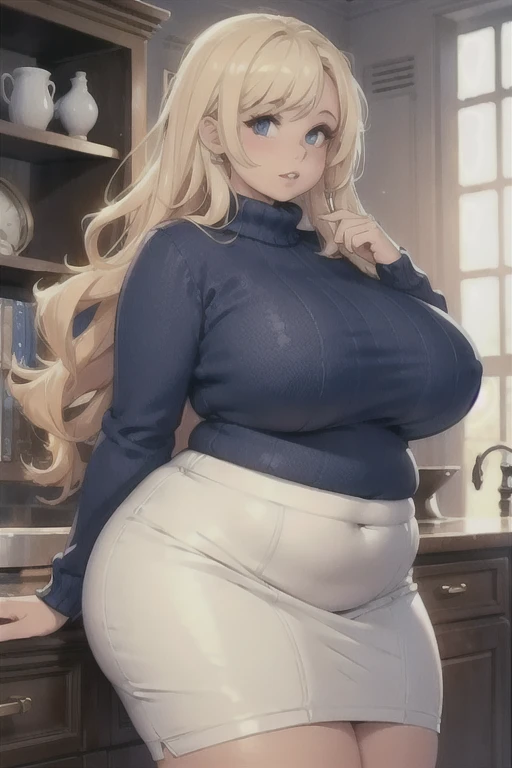 (Best quality), (high resolution), (detailed), curvy girl, long hair, blonde, polo,blue sweater, short white skirt, thick lips, gorgerous, curvy, (chubby:0.7), (round belly:0.7)