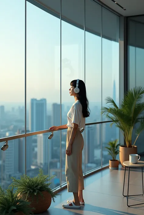 girl wearing headphones on the balcony of a high-rise building