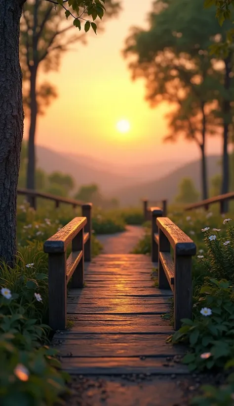 A small wooden bridge in the park looks out at a beautiful blurry sunset.