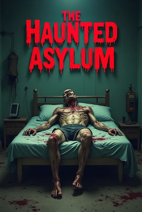 A horrible zombie sleeping on the bed in dark room and also write "The Haunted Asylum" In red and white 