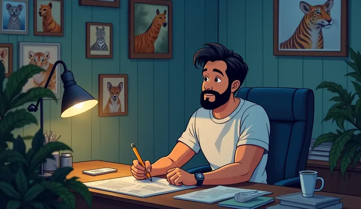 A cartoon middle-aged man(  kind, compassionate, responsible, black silky hair,french cut beard,wearing half shorts blue colored and collar t-shirt white,white sneakers) making plans for zoo animals inside a office animal pictures were hanged on walls( nig...