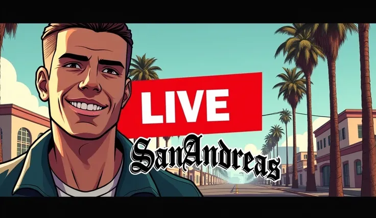 "Design a YouTube live stream banner inspired by GTA San Andreas. On the left side, include a close-up of a smiling male streamer with short, well-groomed hair, wearing casual clothing, and looking directly at the camera. In the center, place a bold red re...