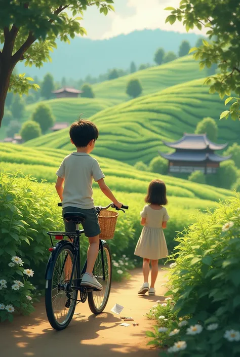 Tea garden road a boy pick a love letter from cycle and a girl watching this 
