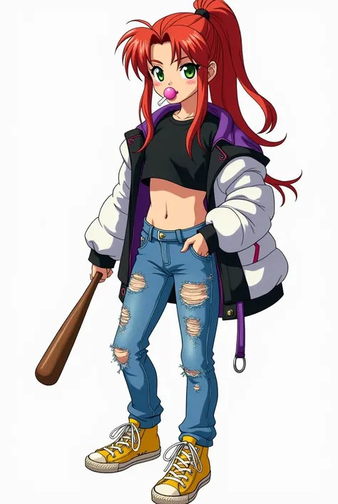  a 16-year-old girl in a stylish pose ,  long red hair tied in a ponytail ,  green eyes,  a black croppet with details in the colors purple and pink , a white and black coat dropped on the side ,  a torn blue jeans that are a little dirty with dirt, a pair...