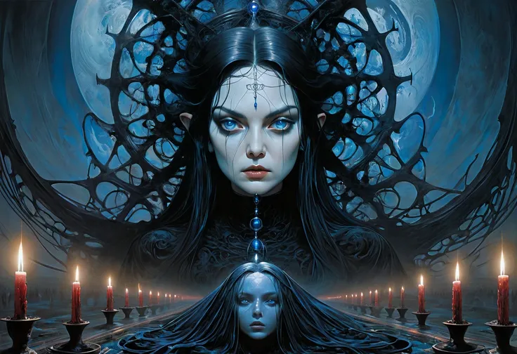 (Master part,  best quality ), 1 Dame, Alone, (lo Gothic), Dreamcatcher, Vampir,  short black hair, Loose waves,  blue eyes , ,Sweet, (HG Giger, art by Hermann Nitsch, Beksinski,  Dariusz Zawadzki , Giger, zdzislaw beksinski), Bett, Candles, Cross,  slim b...