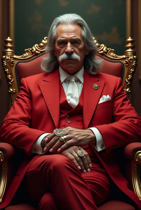 A 60-year-old gray-haired man with neck-length hair in a red suit with the face of a leader sitting on a throne with several rings on his finger with an unbearded mustache