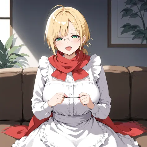 An adult woman with a mature appearance is sitting on a cozy sofa in a Western-style living room. She has blonde hair in a low, slightly messy ponytail, wears glasses, and has green eyes. She is dressed in a detailed maid outfit with lace accents and long ...