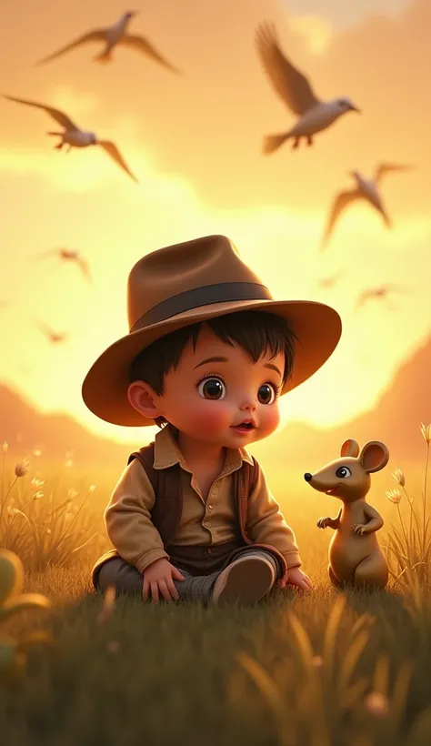 The cute baby dressed as Indiana Jones sitting on a quiet field at sunset, with the golden mouse statue at her side ,  examining it with a curious look as birds soar in the sky."