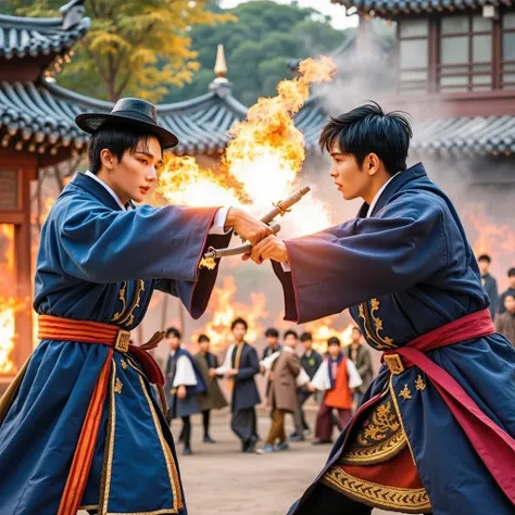 Two Korean men struggling with their fire and water powers coming out of their hands