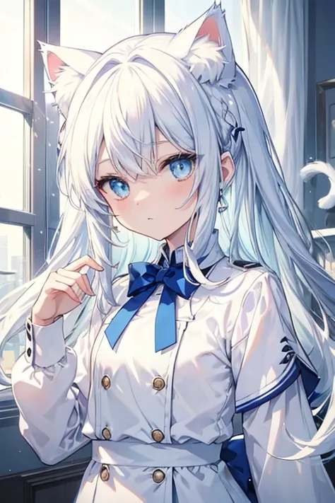 Cat Angel、Has cat ears、 Little white rings hang on the cats ears、White ear、Light blue white hair 、Blue Ear、uniform