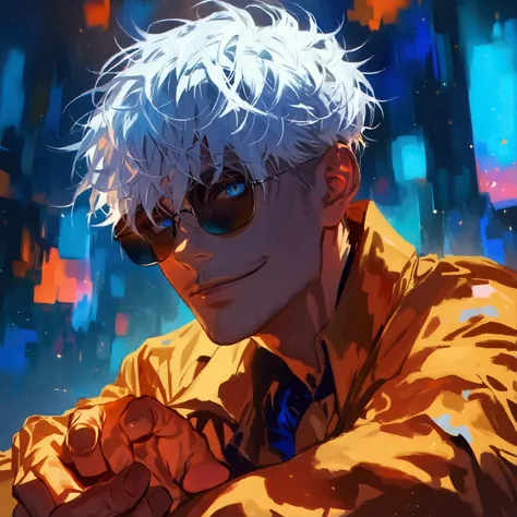 (solo), (1 male), (1 man), handsome men, (one man with white hair, blue eyes), short hair, messy hair, sunglasses,((masterpiece)), (dark background: 1.3), (stylish), dynamic angle, (detailed face, detailed eyes, proportional hands, proportional anatomy), s...