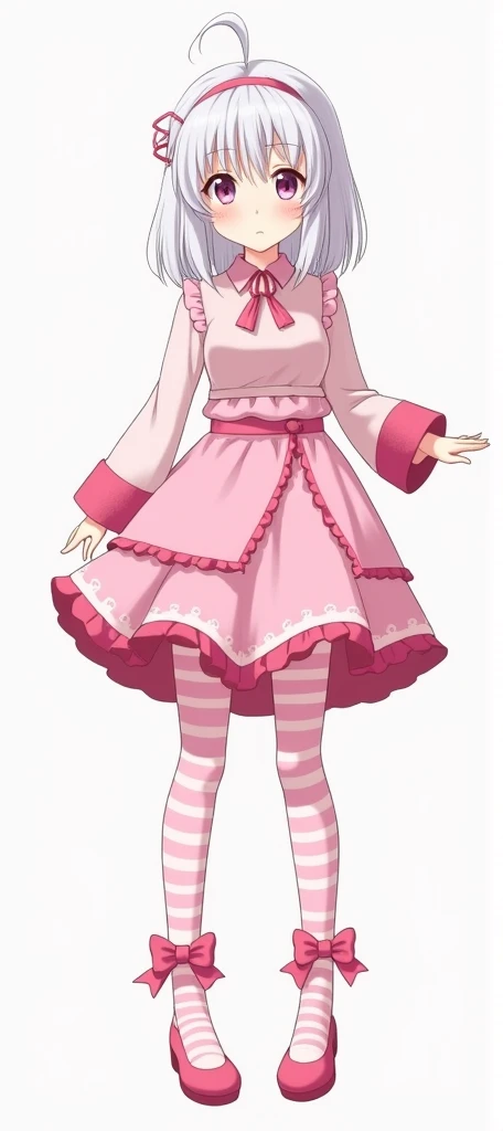 A white-haired girl Souto and she wears a pink top with sleeves covered with velvet on the sleeves, a two-layer pink skirt with velvet at the ends and a bow at the waist of the skirt, and a pink striped stocking with a bow. 