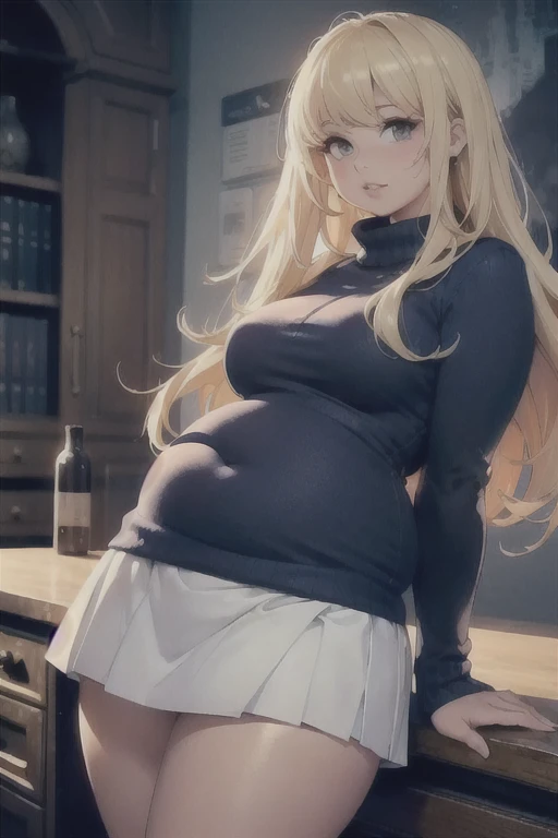 (Best quality), (high resolution), (detailed), curvy girl, long hair, blonde, polo,blue sweater, short white skirt, thick lips, gorgerous, curvy, (chubby:0.7), (round belly:1.1), ((small waist))