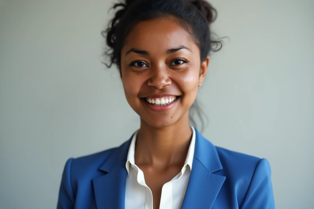 A real mixed-race woman with brown skin and a smile, wearing a blue suit and a white shirt. cheveux attacher