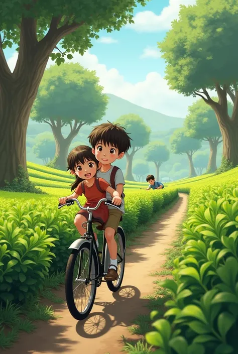 A boy and a girl ride  two cycle together in tea garden 
