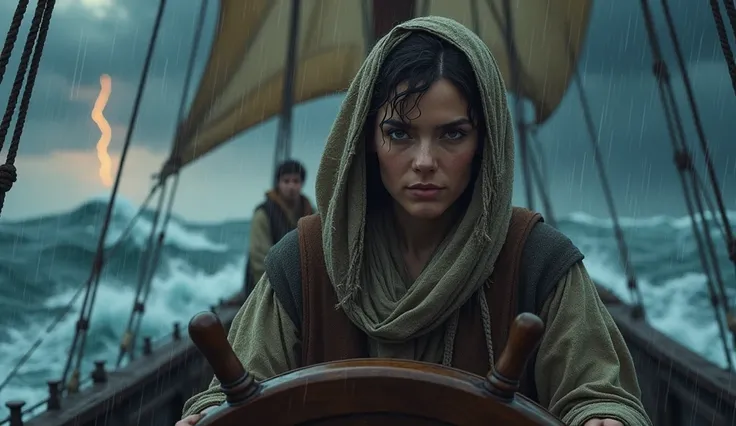 A half-body shot set 2000 years ago, featuring Ruth, a brave woman with a determined expression, standing at the helm of a wooden ship amidst a stormy sea. Ruth grips the ship’s wheel tightly, her hair and clothes blown by the fierce wind and rain. The tur...