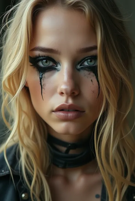 Blonde girl with elaborate and dark makeup based on the Mad Max movies.
Around the eyes, faded black and white eyeliner on the eyelid line and on the lips, cream brown lipstick.