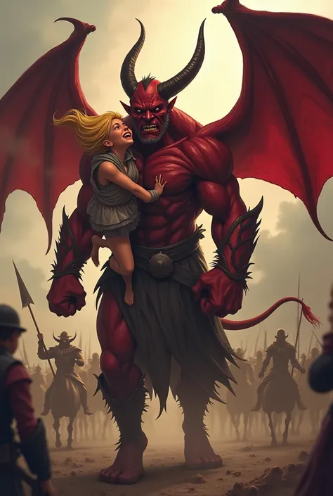 Funny image. No face. Dark red maroon Devil very tall carrying short excited blonde  woman. He is carrying her to battle he doesnt want to go but she does   funny. Funny. Funny funny     . sh3s helpless and hes protective. She is laugh and playing 