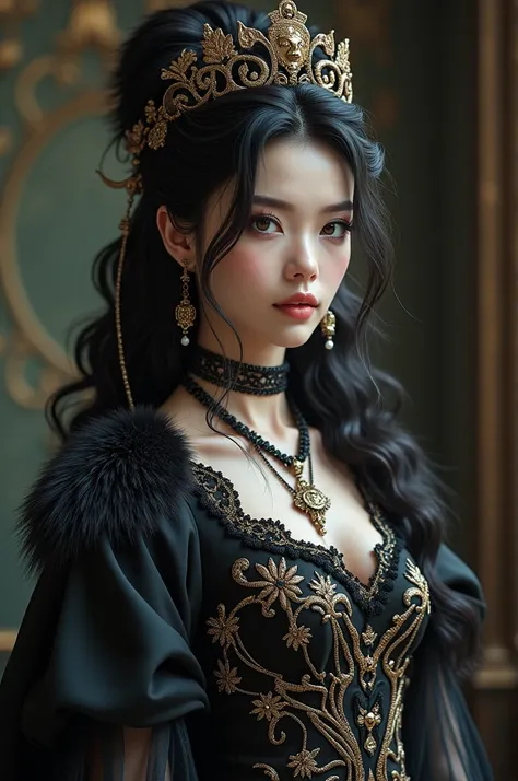 The avatar has a theme of elegance and mystique, blending regal and gothic elements. The luxurious embroidery on the clothing, combined with the fur accents and pearl accessories, gives it a royal aesthetic. The "Demon" necklace adds a dark, edgy vibe, cre...