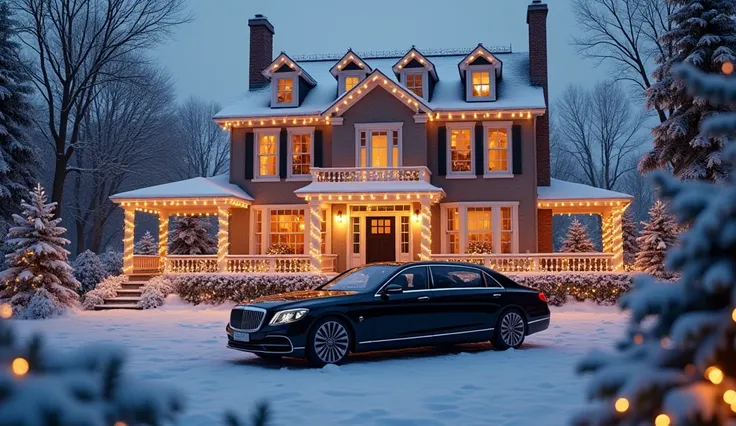  Create an image of a large and elegant two-story house decorated with white Christmas lights and garlands on the windows, set in a snowy landscape at dusk . In the foreground,  there is a luxurious black sedan parked in an entrance .  The snow-covered tre...