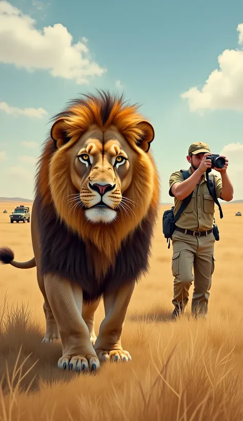  A lion in the savanna watching a cameraman or cameraman trying to photograph him. the lion with an annoying expression , safari vehicles in the background ,  realistic style with a comic touch .