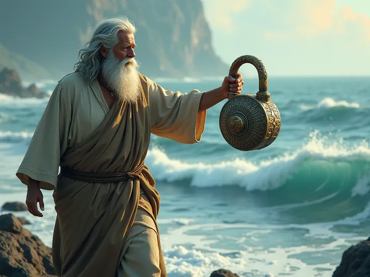 Moses, wearing cloth clothes, Bearded and hairy opening the sea with a padlock