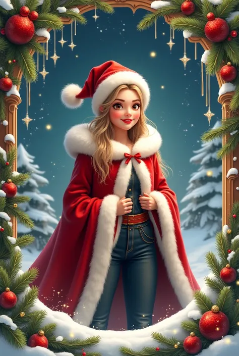 Frame to decorate the four corners of the image in Christmas style,
Santa-style woman in the centre.