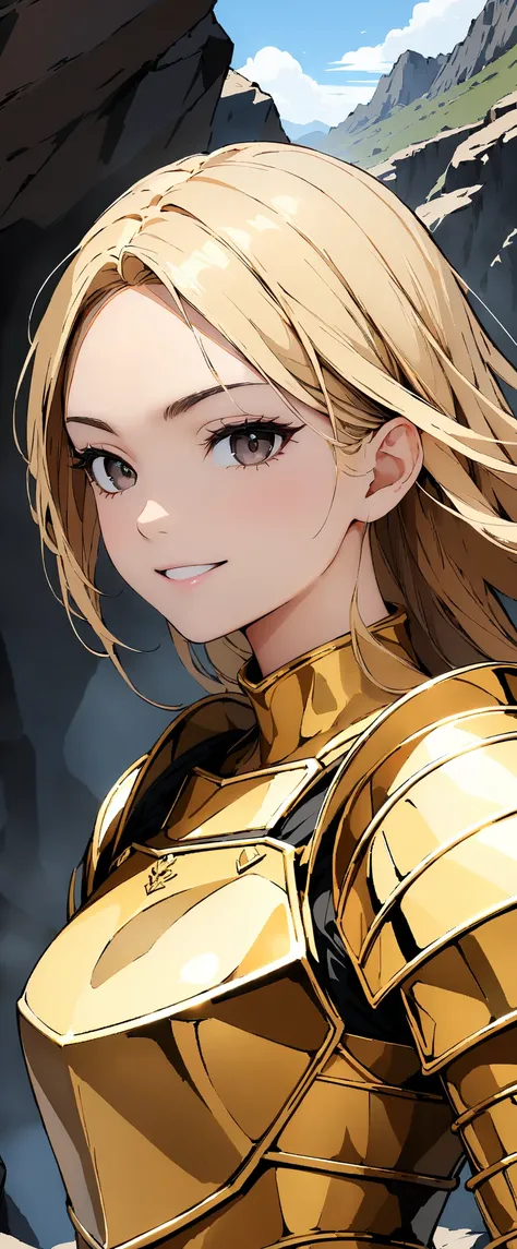 ((highest quality, 8k, masterpiece :1.3)), One girl, smile, whole body, Slim face, Beautiful woman, (Blonde), Portrait of a warrior :1.1, ((Luxurious gold armor, breastplate)), Highly detailed face, Fine grain, double eyelid, Dragon Slayer, Dragon Slayer G...