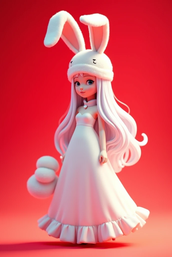  Roblox game-style character,  with long white hair ,  white dress,  white tail and rabbit ear, and a white hat.  with red background