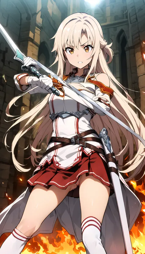 NSFW,masterpiece, Top quality ï¼Œ ï¼Œ 1 girl, arms, sword, Alone of, length_hair, Chest, Keep, Keep_arms, Keep_sword, armor, brown {{x}}_hair, Weaving, Knee socks, only_Shoulder, brown {{x}}_Eye, skirt,  sword camera, of_sleeve, sheath, White of_skirt, Whi...