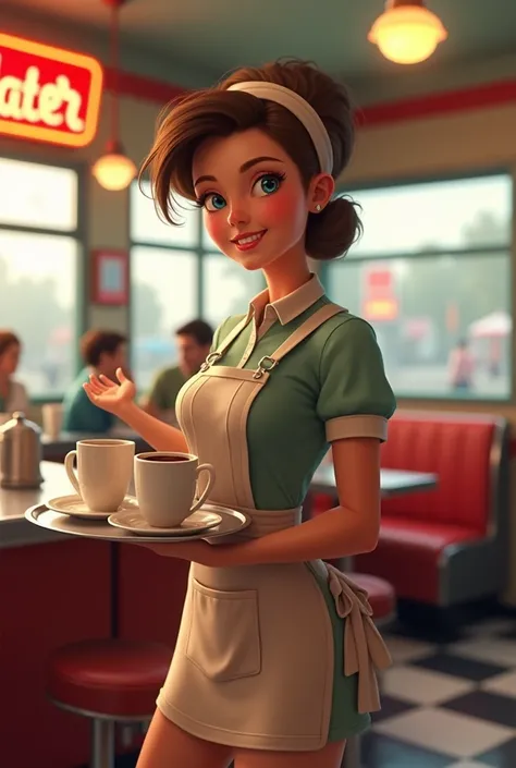 A young woman in a diner waitress uniform, balancing a tray with coffee cups, smiling politely to customers. The background shows a classic 1950s-style diner with booths and a retro counter.