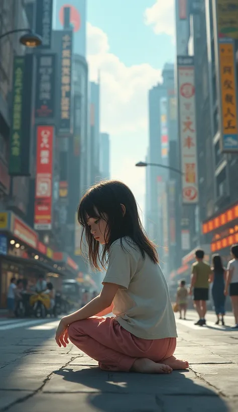 A girl is sitting on her knees in the city.